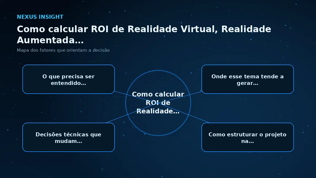 Como calcular ROI de Realidade Virtual, Realidade Aumentada e experiências 3D — conceito | Nexus Tecnologia Mapa visual dos principais fatores de Como calcular ROI de Realidade Virtual, Realidade Aumentada e experiências 3