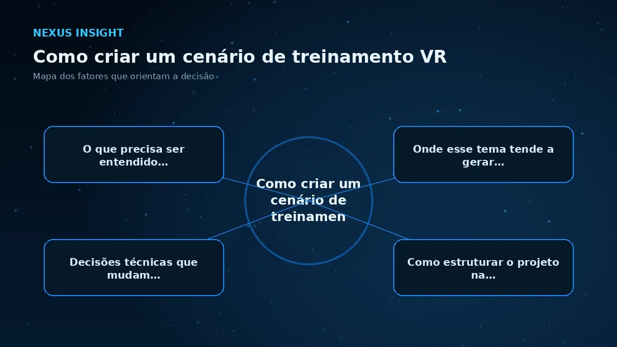 Como criar um cenário de treinamento VR — conceito | Nexus Tecnologia Mapa visual dos principais fatores de Como criar um cenário de treinamento VR