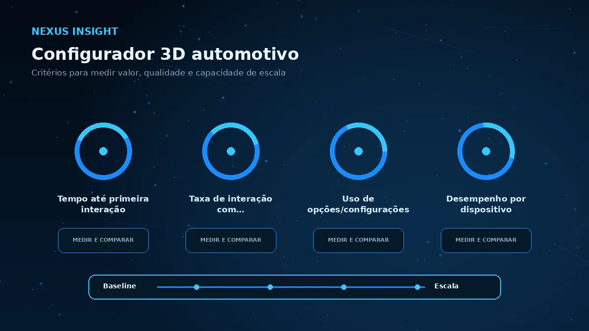 Configurador 3D automotivo — medicao | Nexus Tecnologia Matriz visual de métricas e critérios para avaliar Configurador 3D automotivo