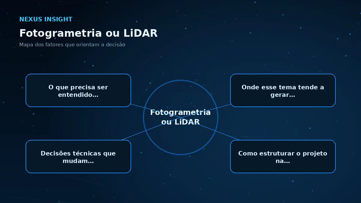 Fotogrametria ou LiDAR — conceito | Nexus Tecnologia Mapa visual dos principais fatores de Fotogrametria ou LiDAR