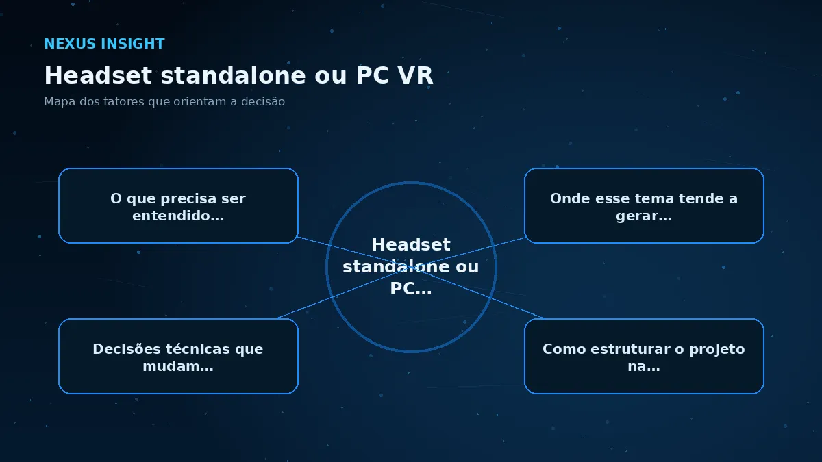 Headset standalone ou PC VR — conceito | Nexus Tecnologia Mapa visual dos principais fatores de Headset standalone ou PC VR
