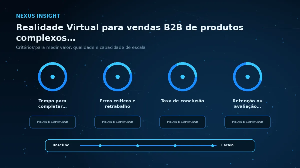 Realidade Virtual para vendas B2B de produtos complexos e de grande porte — medicao | Nexus Tecnologia Matriz visual de métricas e critérios para avaliar Realidade Virtual para vendas B2B de produtos complexos e de grande porte