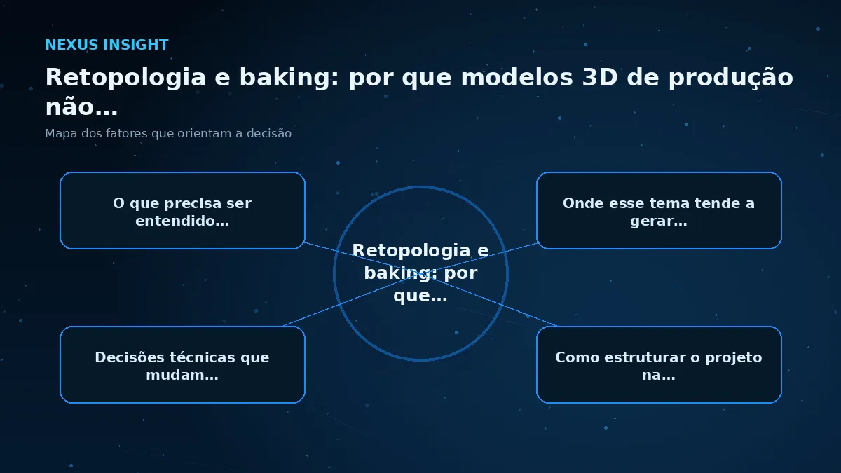 Retopologia e baking: por que modelos 3D de produção não vão direto para a web — conceito | Nexus Tecnologia Mapa visual dos principais fatores de Retopologia e baking: por que modelos 3D de produção não vão direto para a w