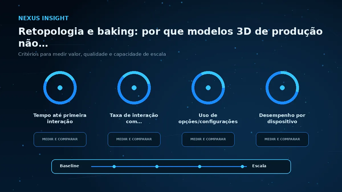 Retopologia e baking: por que modelos 3D de produção não vão direto para a web — medicao | Nexus Tecnologia Matriz visual de métricas e critérios para avaliar Retopologia e baking: por que modelos 3D de produção não vão direto para a w