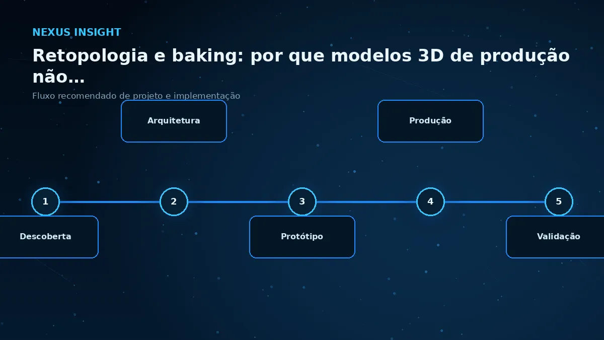 Retopologia e baking: por que modelos 3D de produção não vão direto para a web — processo | Nexus Tecnologia Fluxo de implementação e decisões para Retopologia e baking: por que modelos 3D de produção não vão direto para a w