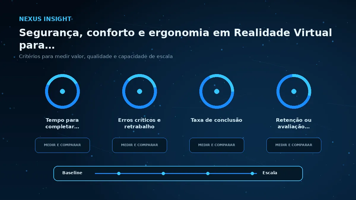Segurança, conforto e ergonomia em Realidade Virtual para empresas — medicao | Nexus Tecnologia Matriz visual de métricas e critérios para avaliar Segurança, conforto e ergonomia em Realidade Virtual para empresas