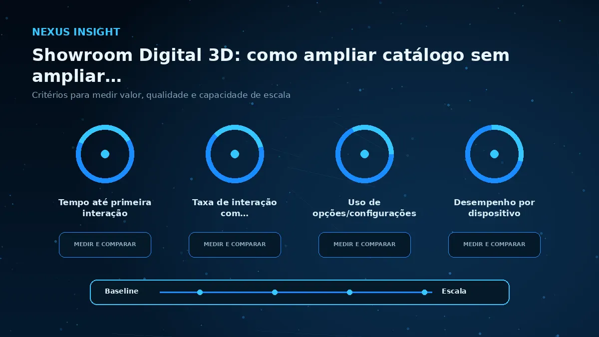 Showroom Digital 3D: como ampliar catálogo sem ampliar espaço físico — medicao | Nexus Tecnologia Matriz visual de métricas e critérios para avaliar Showroom Digital 3D: como ampliar catálogo sem ampliar espaço físico