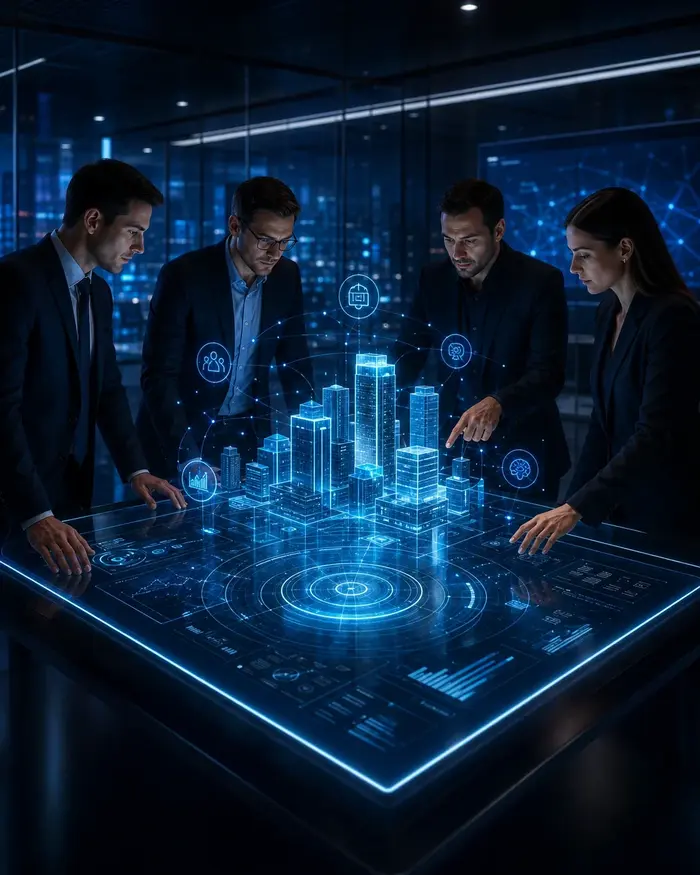 Equipe executiva interagindo com mesa e cidade holográfica digital