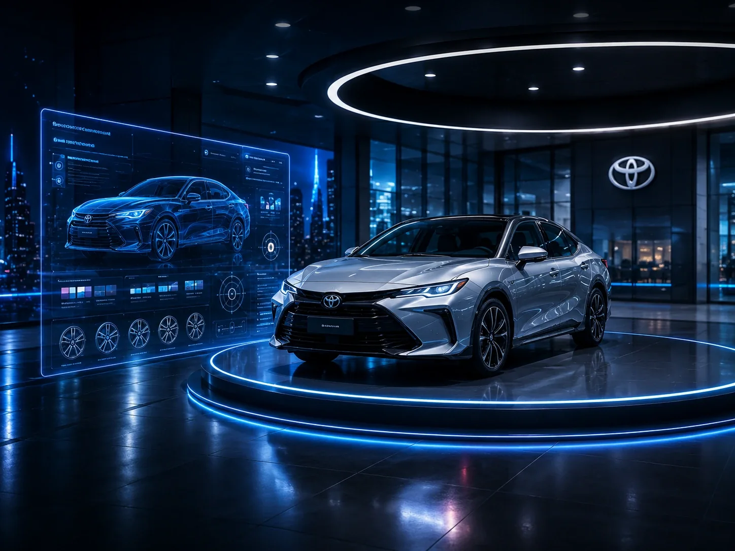 Showroom digital automotivo com veículo em plataforma tecnológica iluminada