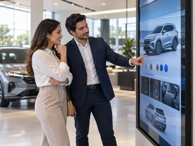 Cliente e especialista configuram um veículo em showroom digital